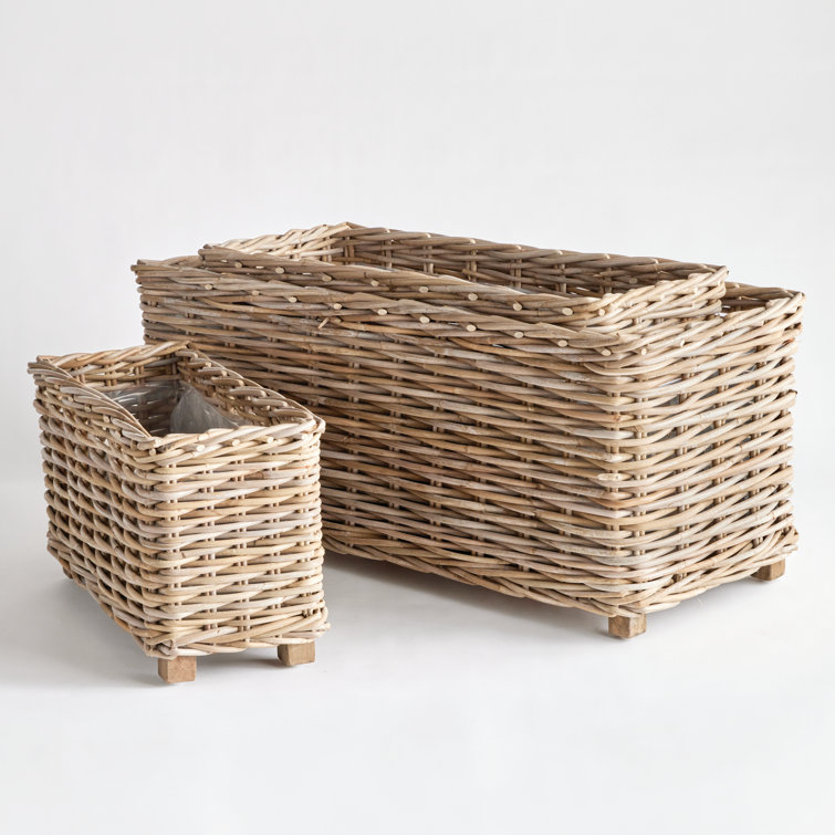 Set of 3 Natural Rattan Rectangular Planters