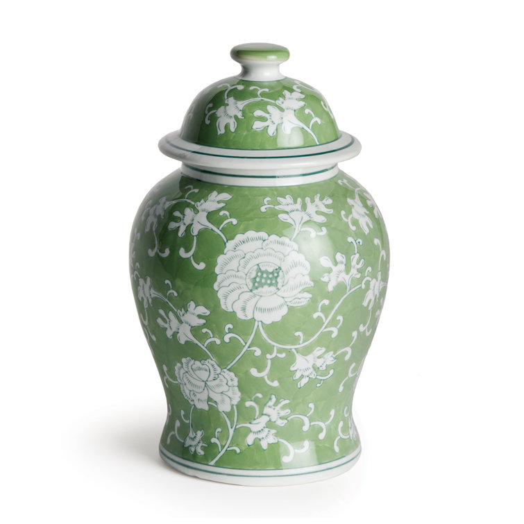 Green and White Porcelain Floral Lidded Ginger Jar