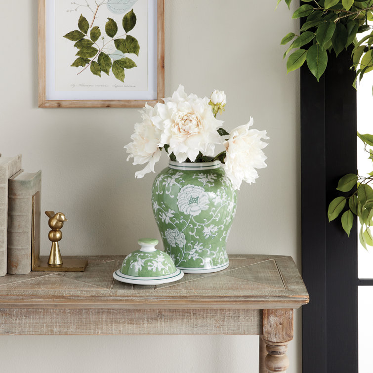 Green and White Porcelain Floral Lidded Ginger Jar