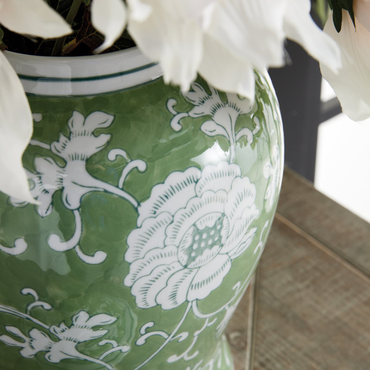 Green and White Porcelain Floral Lidded Ginger Jar
