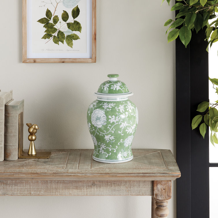 Green and White Porcelain Floral Lidded Ginger Jar