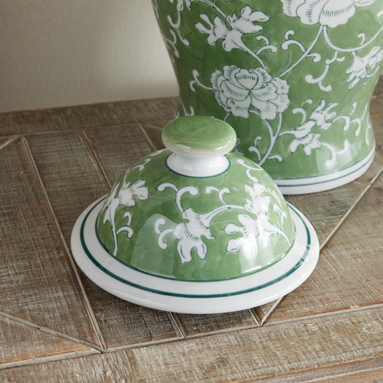 Green and White Porcelain Floral Lidded Ginger Jar