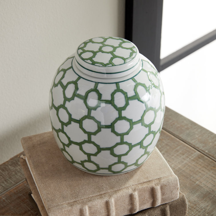 Green and White Porcelain Decorative Ginger Jar