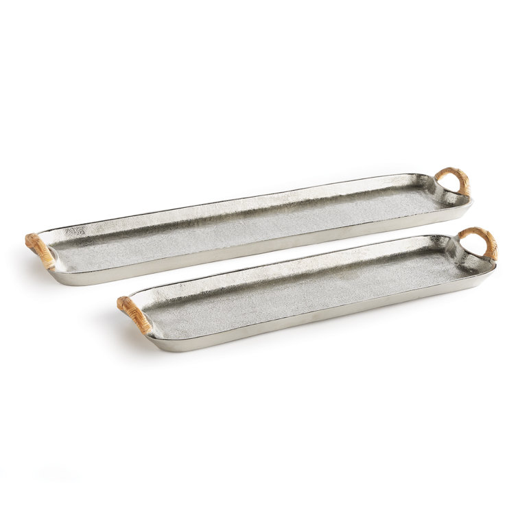 Helena Silver Cast Aluminum Decorative Trays with Rattan Handles