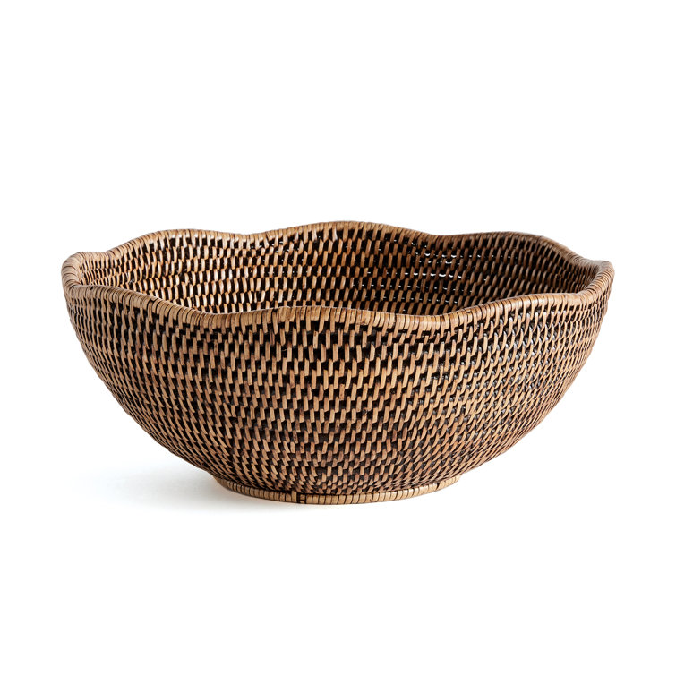 Handcrafted Brown Rattan Scalloped Decorative Bowl