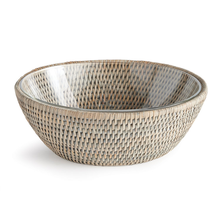 Graywash Rattan and Glass Salad Serving Bowl