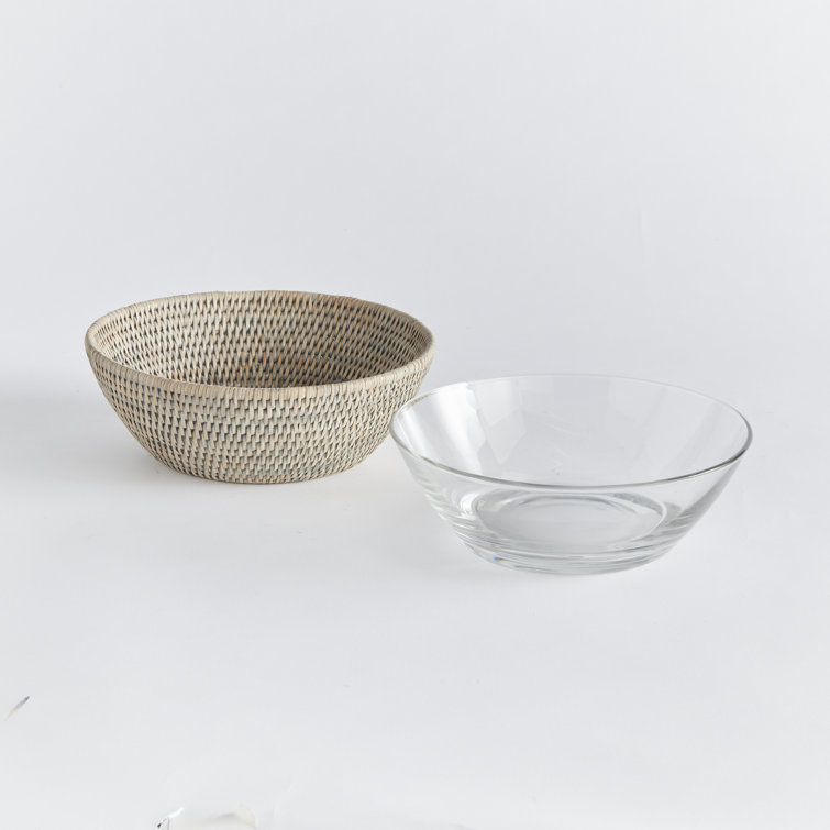 Graywash Rattan and Glass Salad Serving Bowl