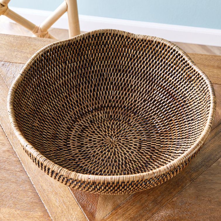 Handcrafted Brown Rattan Scalloped Decorative Bowl