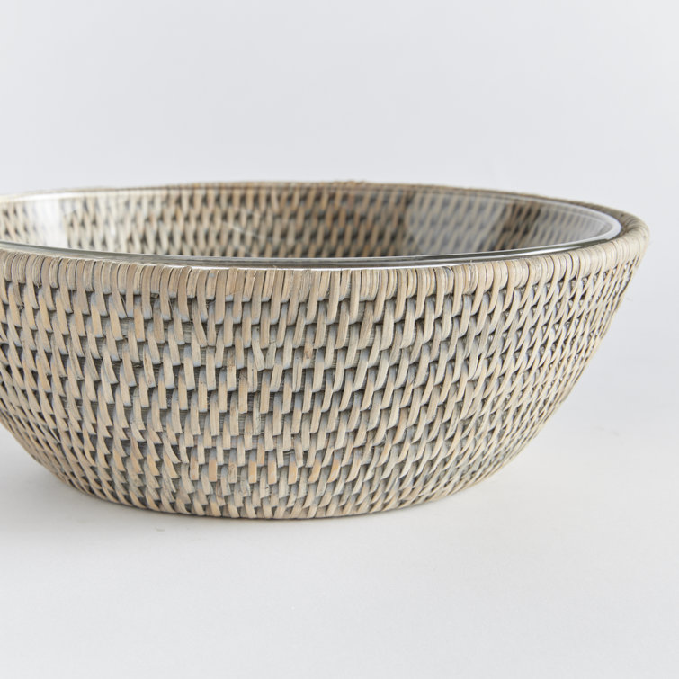 Graywash Rattan and Glass Salad Serving Bowl