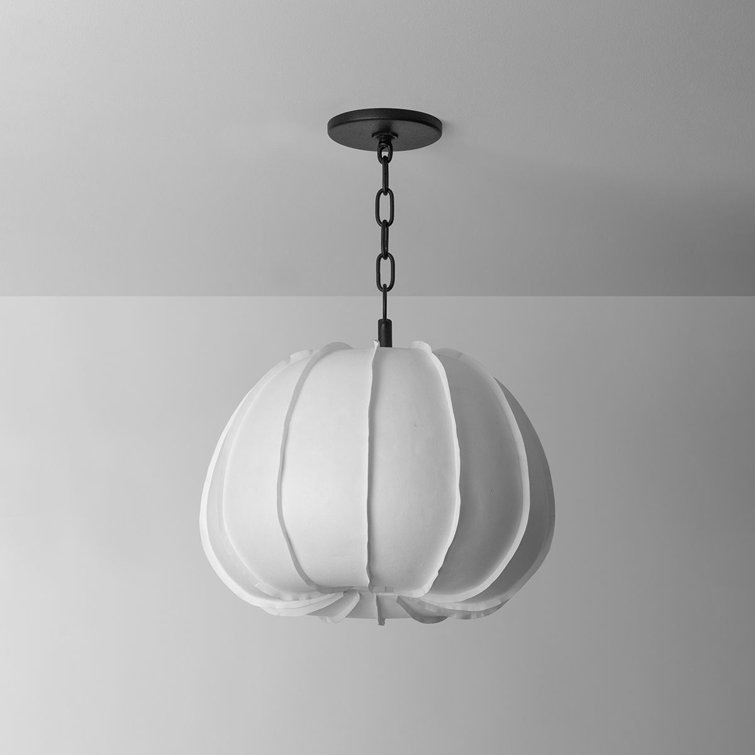 White Paper Shade Pendant Light with Forged Iron Finish