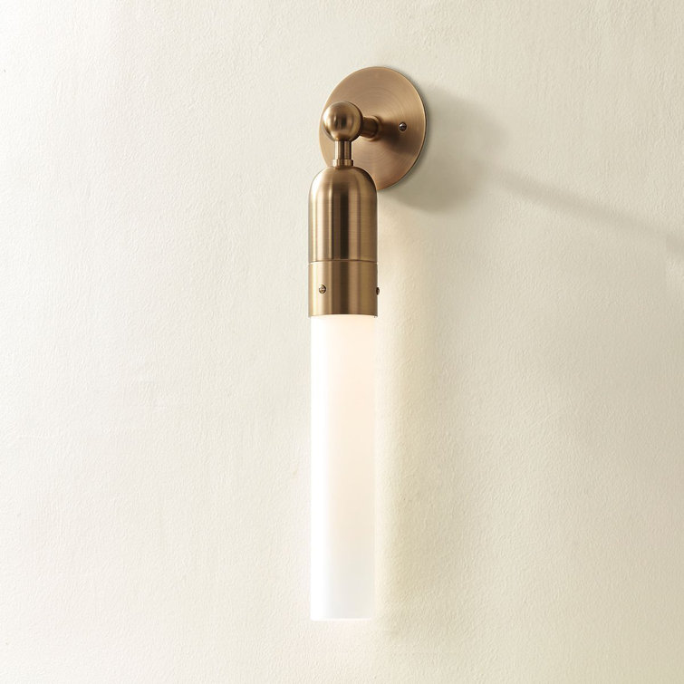 Patina Brass Cylinder Sconce with Opal Glass Shade