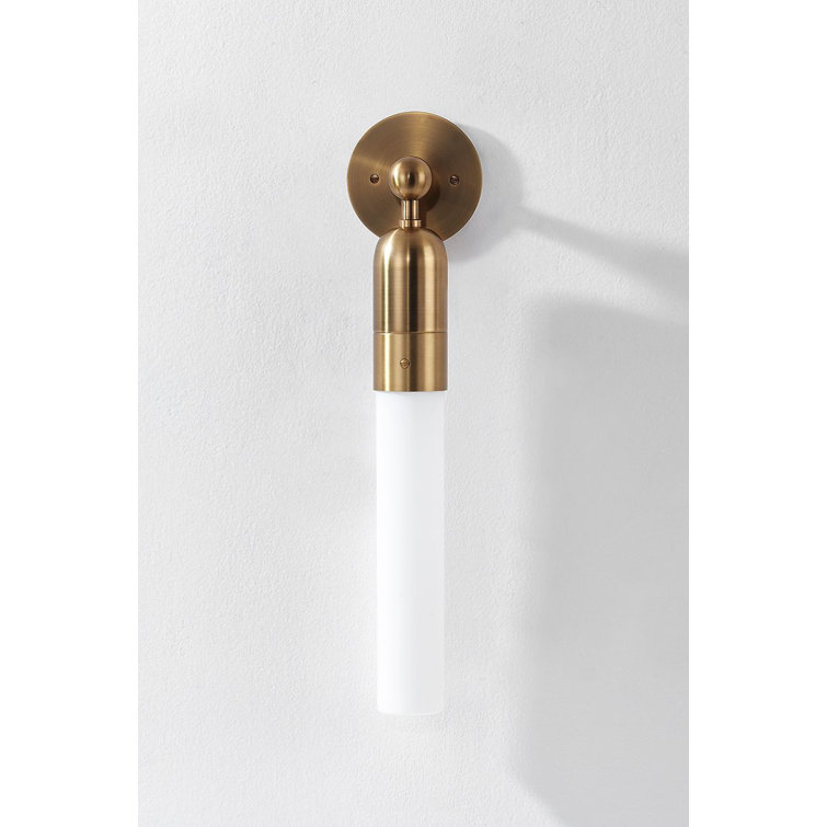 Patina Brass Cylinder Sconce with Opal Glass Shade