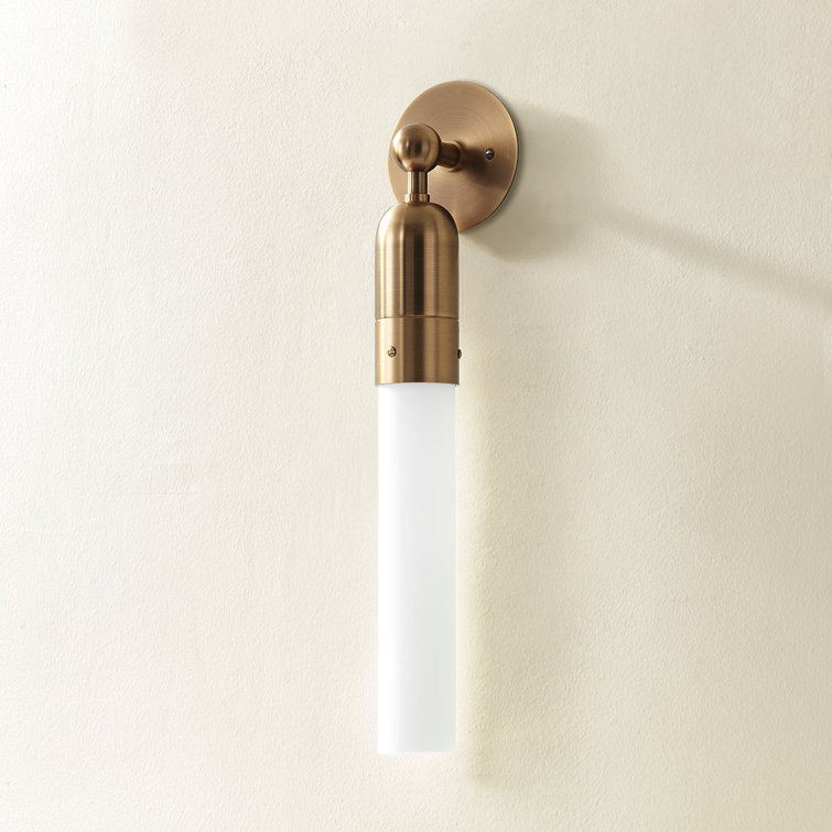 Patina Brass Cylinder Sconce with Opal Glass Shade