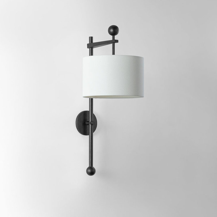 Forged Iron Black Sconce with Off-White Linen Shade