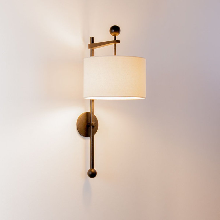 Forged Iron Black Sconce with Off-White Linen Shade