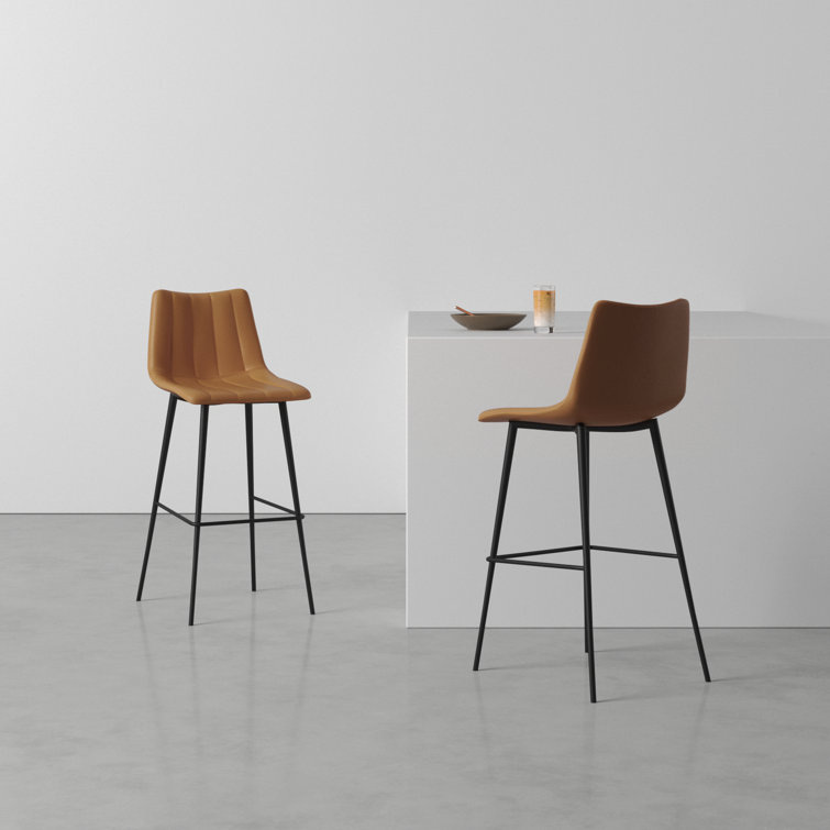 Brown Faux Leather Low Back Counter Stools with Steel Frame, Set of 2