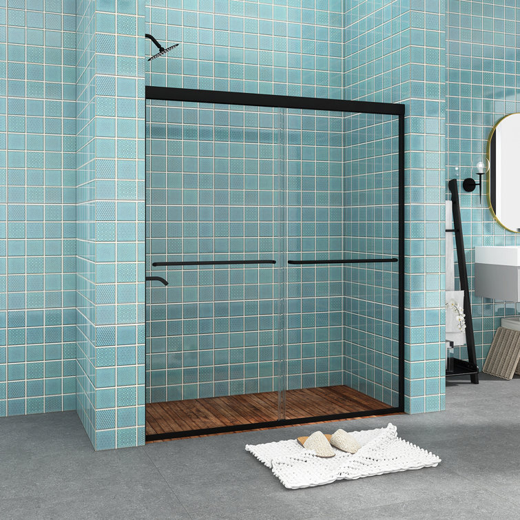 Matte Black Double Sliding Shower Door with Tempered Glass