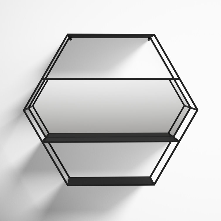 Lintz Hexagon Black Metal Floating Wall Mirror with Shelves