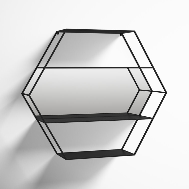 Lintz Hexagon Black Metal Floating Wall Mirror with Shelves