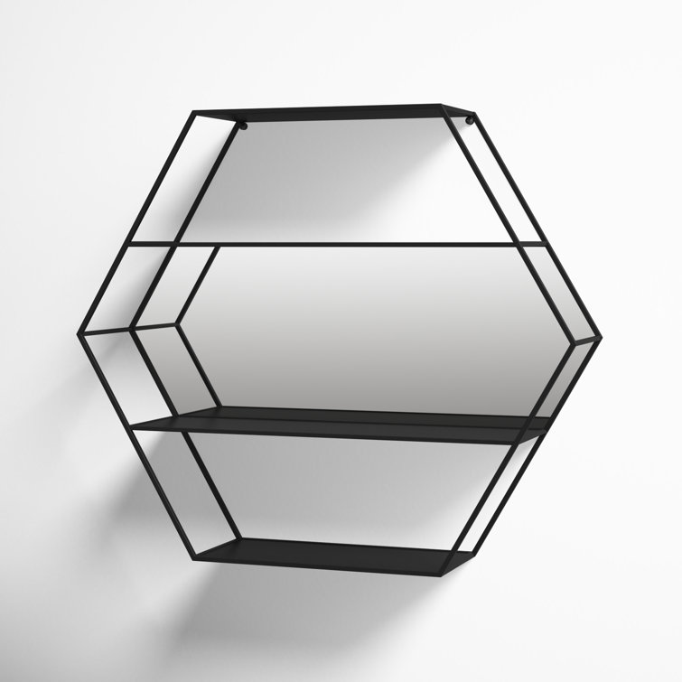 Lintz Hexagon Black Metal Floating Wall Mirror with Shelves