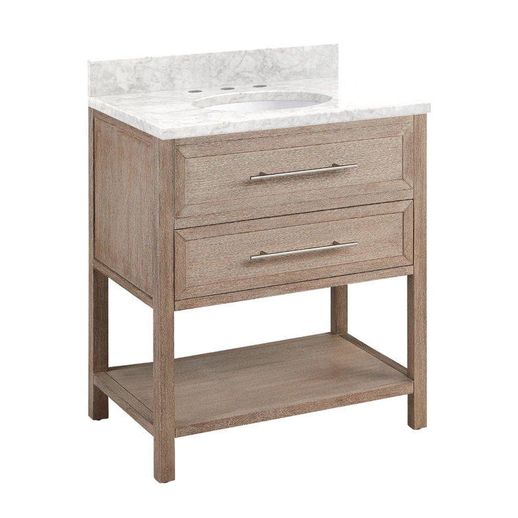 Midnight Navy Blue Mahogany Bathroom Vanity with Carrara Marble Top