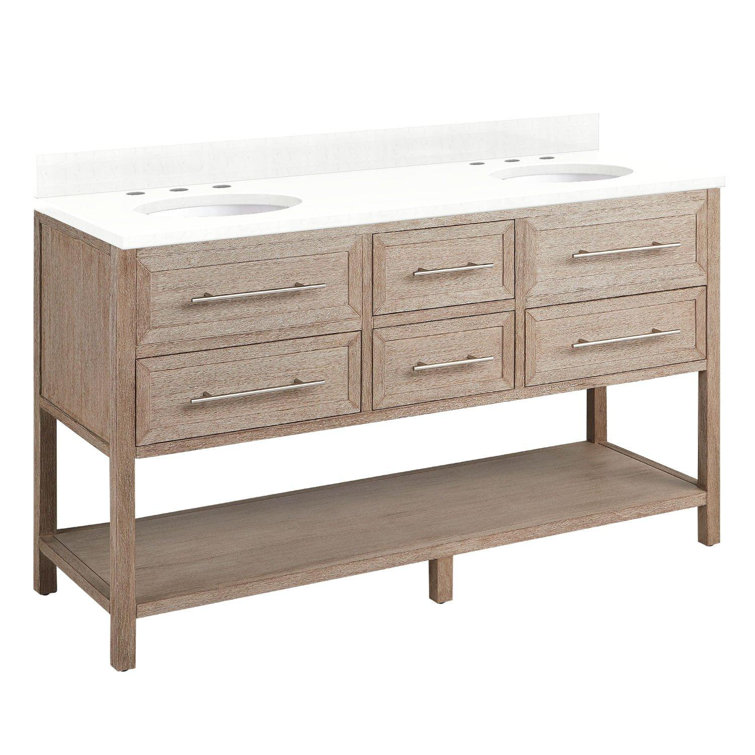 60" White Double Bathroom Vanity with Feathered Quartz Top