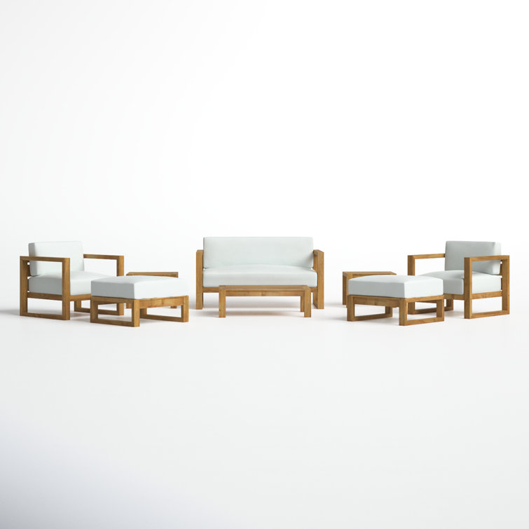 Upland Natural Teak 8-Piece Outdoor Patio Conversation Set with White Cushions