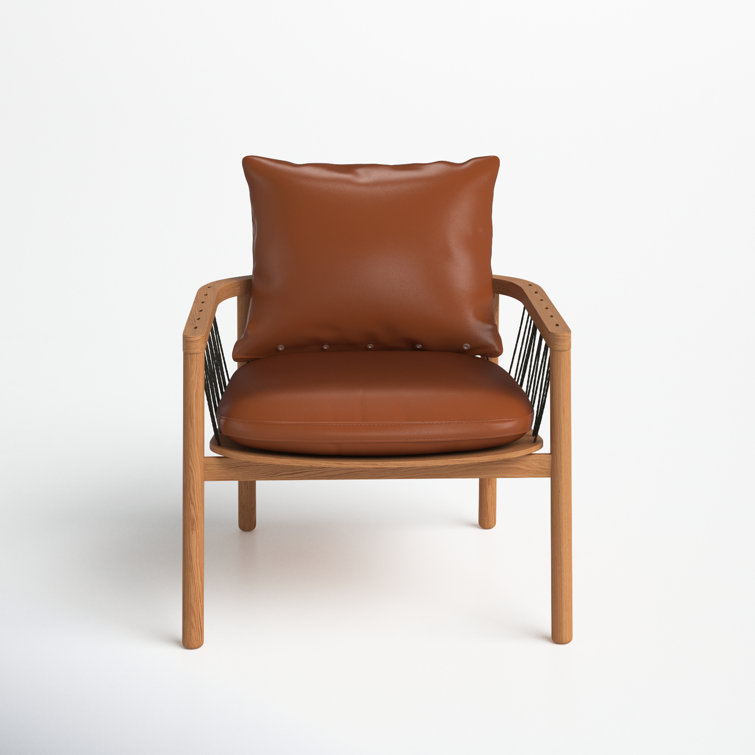 Brown Genuine Leather and Oak Armchair with Square Arms