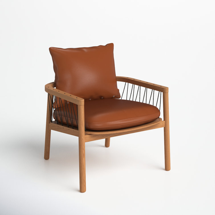 Brown Genuine Leather and Oak Armchair with Square Arms
