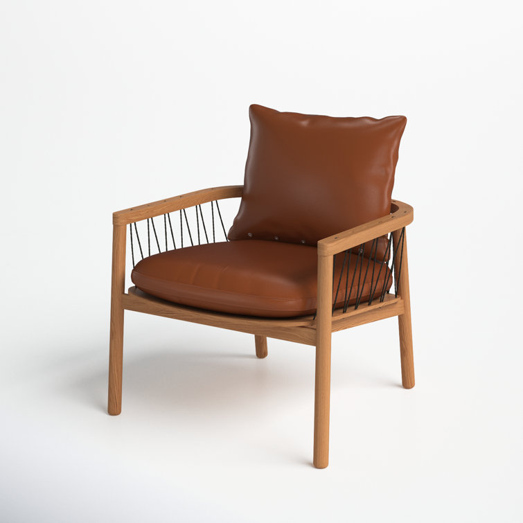 Brown Genuine Leather and Oak Armchair with Square Arms