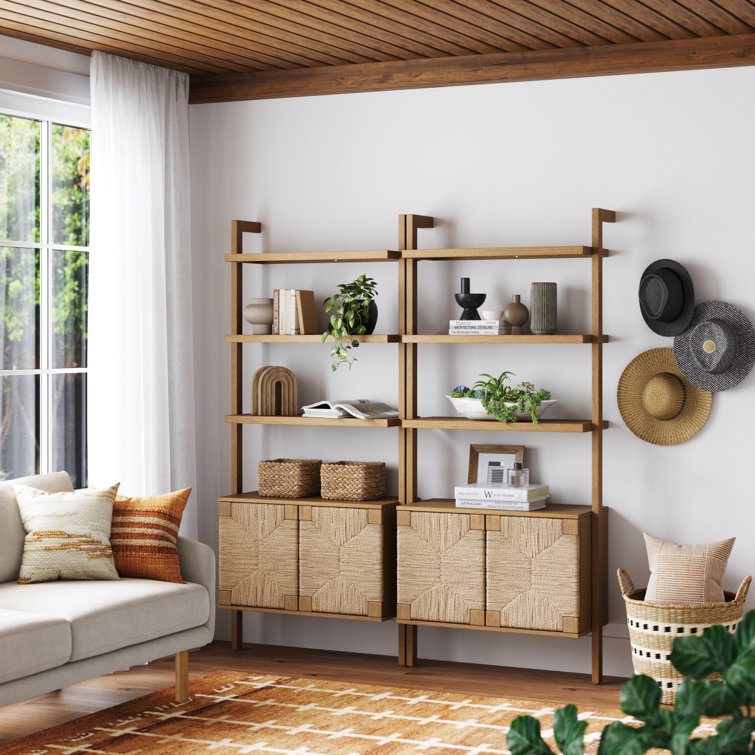 Nathan James Light Brown Solid Wood Ladder Bookcase with Seagrass Doors