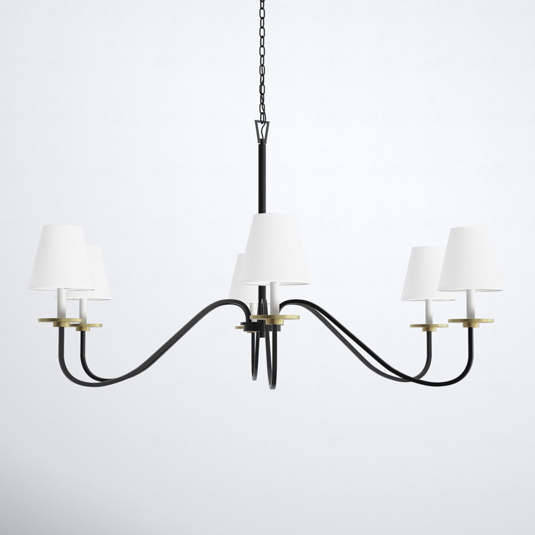 Black and Brushed Brass 6-Light Candle Chandelier with White Shades
