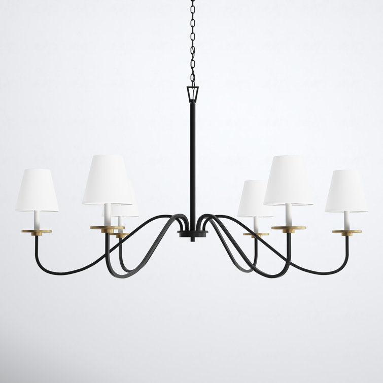 Black and Brushed Brass 6-Light Candle Chandelier with White Shades