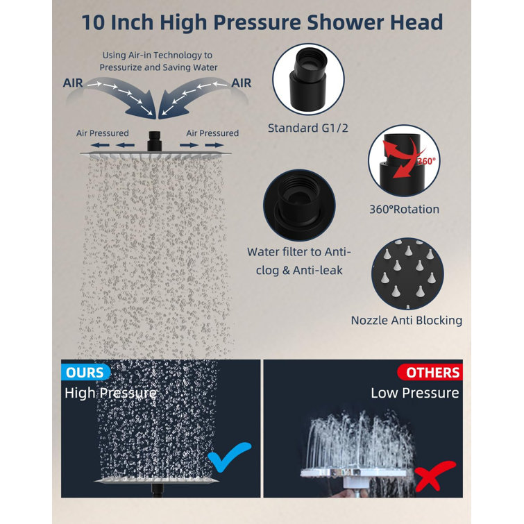 Matte Black 10" Square Rain Shower Head with High Pressure Handheld Wand