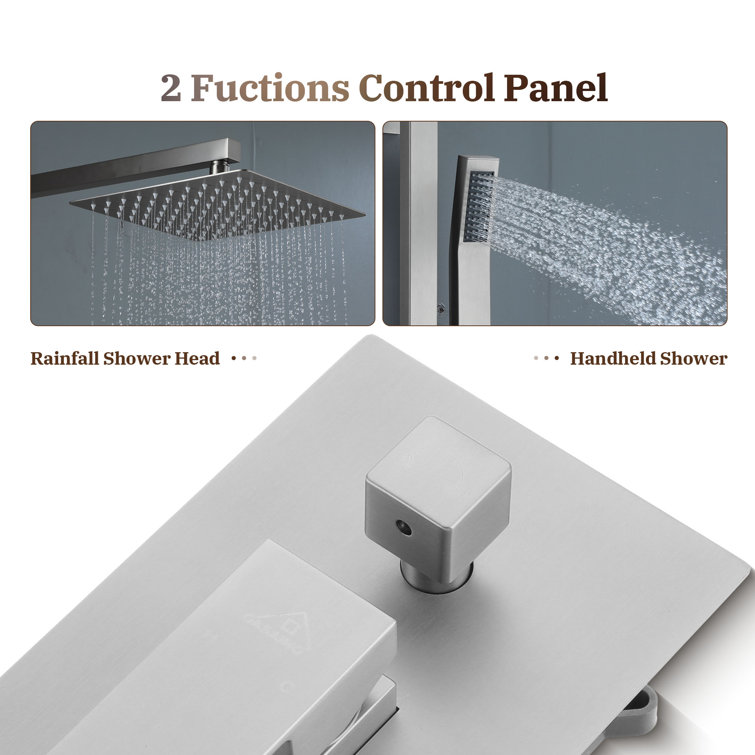 Brushed Nickel Wall-Mounted Square Rain Shower System with Handheld Spray