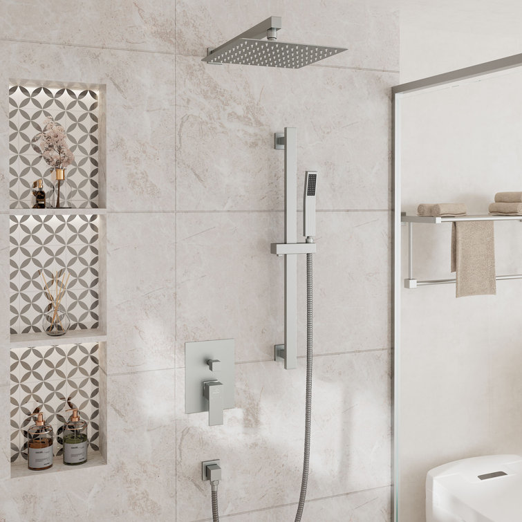 Brushed Nickel Wall-Mounted Square Rain Shower System with Handheld Spray