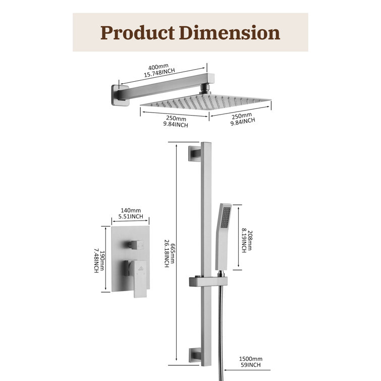 Brushed Nickel Wall-Mounted Square Rain Shower System with Handheld Spray