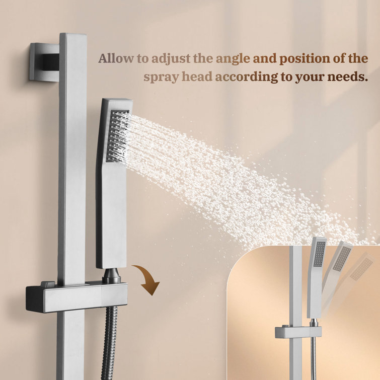 Brushed Nickel Wall-Mounted Square Rain Shower System with Handheld Spray