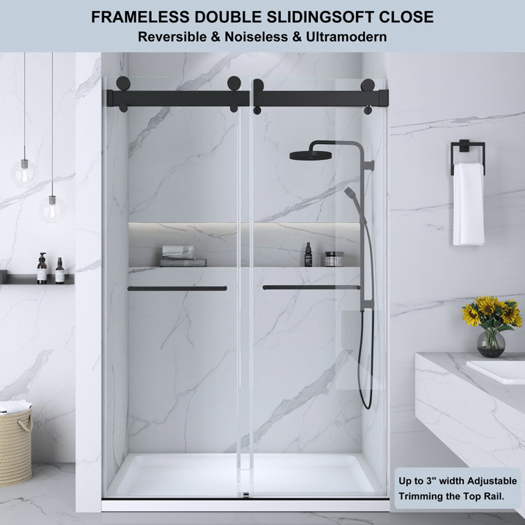 Matte Black Frameless Double Sliding Shower Door with Handles