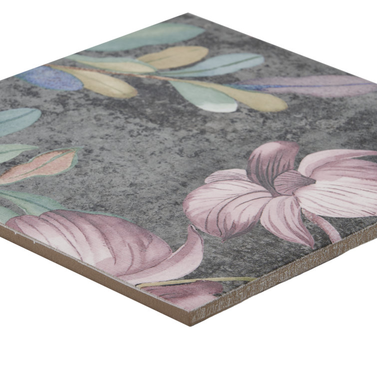 Angela Harris 8" x 8" Pink and Gray Porcelain Floral Wall Tile