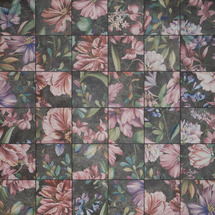 Angela Harris 8" x 8" Pink and Gray Porcelain Floral Wall Tile