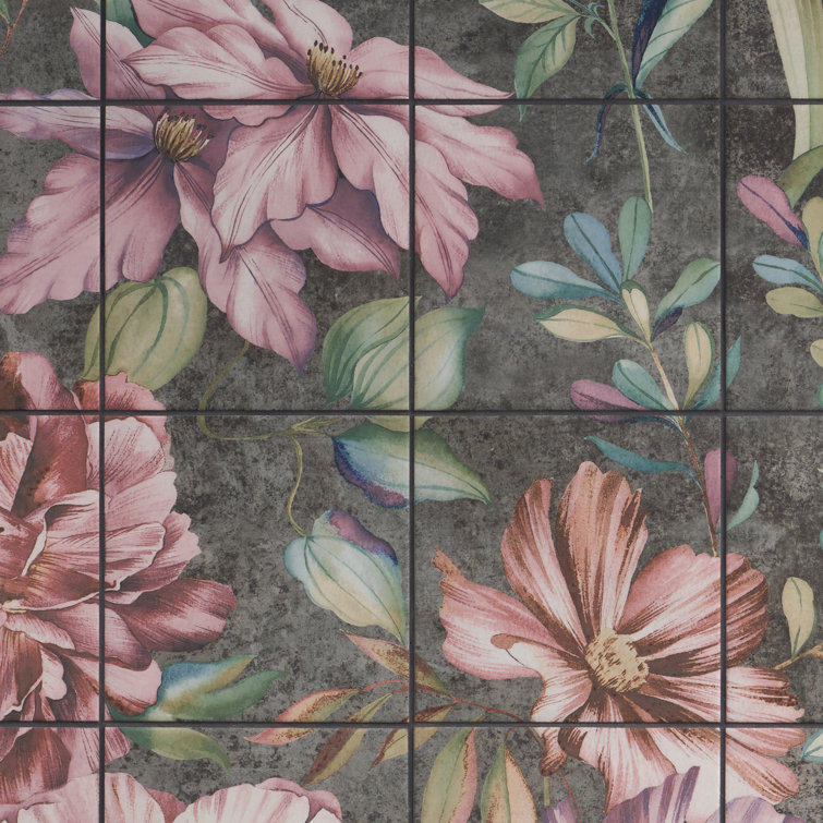 Angela Harris 8" x 8" Pink and Gray Porcelain Floral Wall Tile