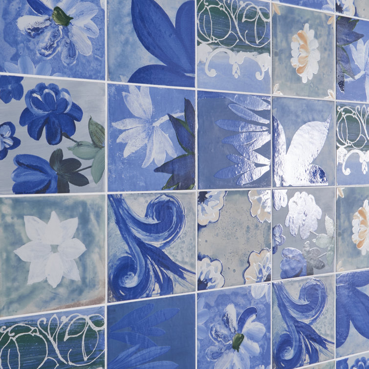 Angela Harris Blue and White Floral Porcelain Wall Tile