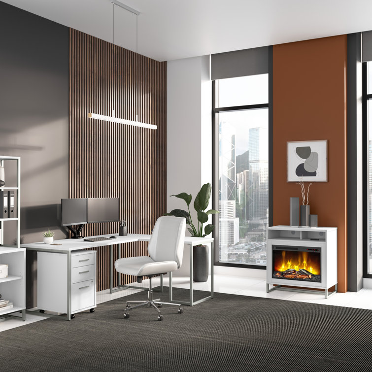 White L-Shaped Home Office Desk with Filing Cabinet