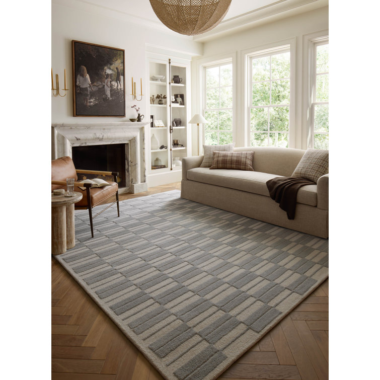 Ivory and Grey Hand-Tufted Wool Striped 5' x 7' Rug