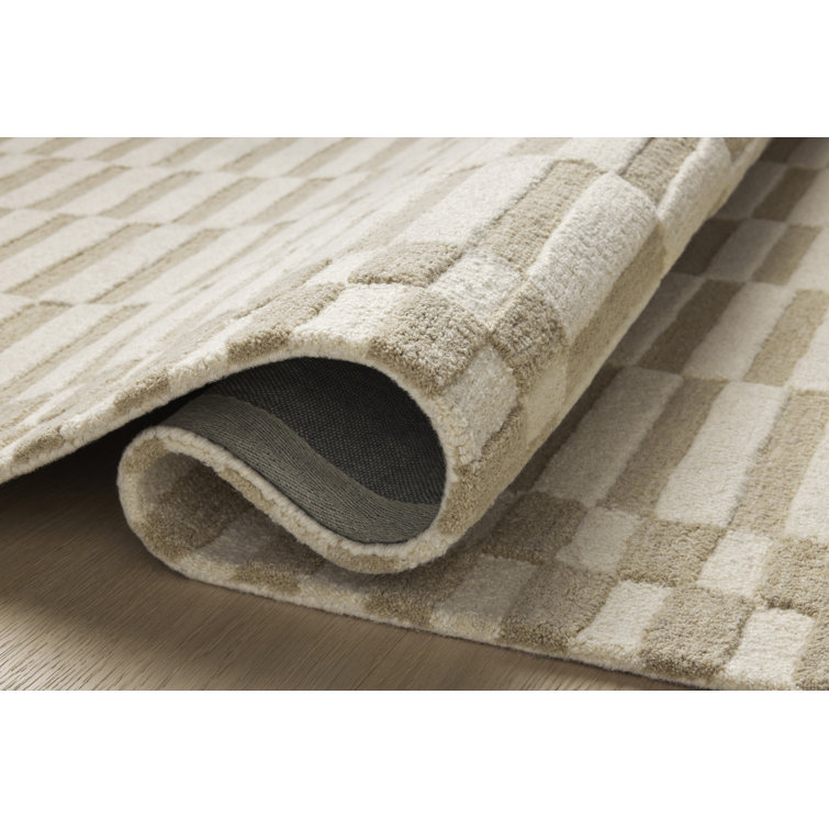 Ivory and Beige Handmade Wool Striped Rectangular Rug 7'-9" x 9'-9"
