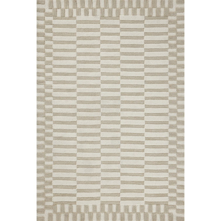 Hand-Tufted Ivory and Beige Wool Striped Rectangular Rug