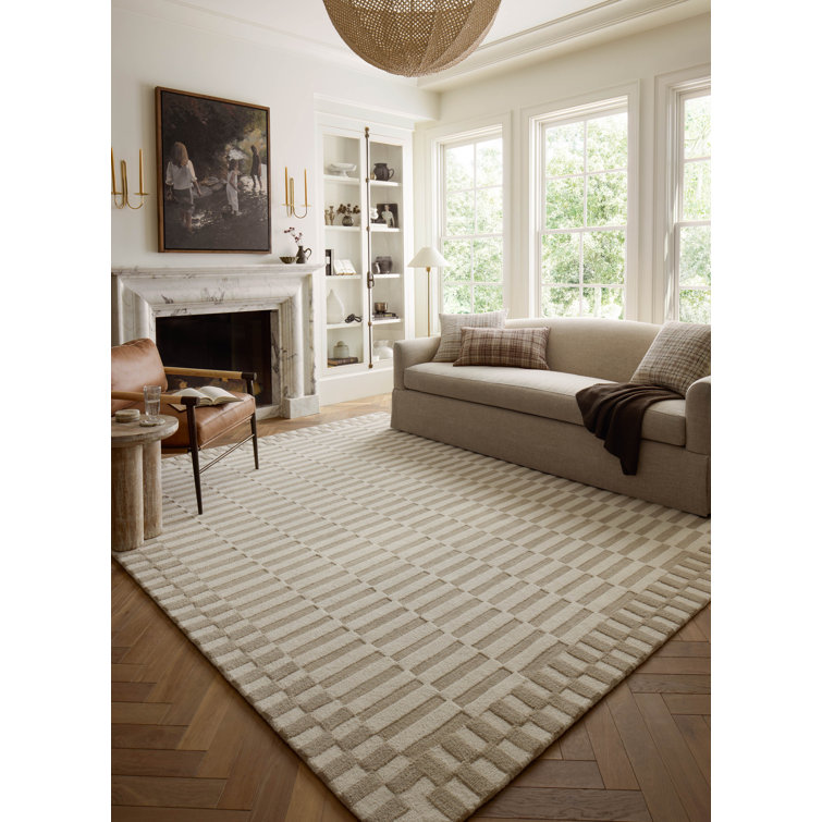 Ivory Beige Tufted Wool Striped Runner Rug