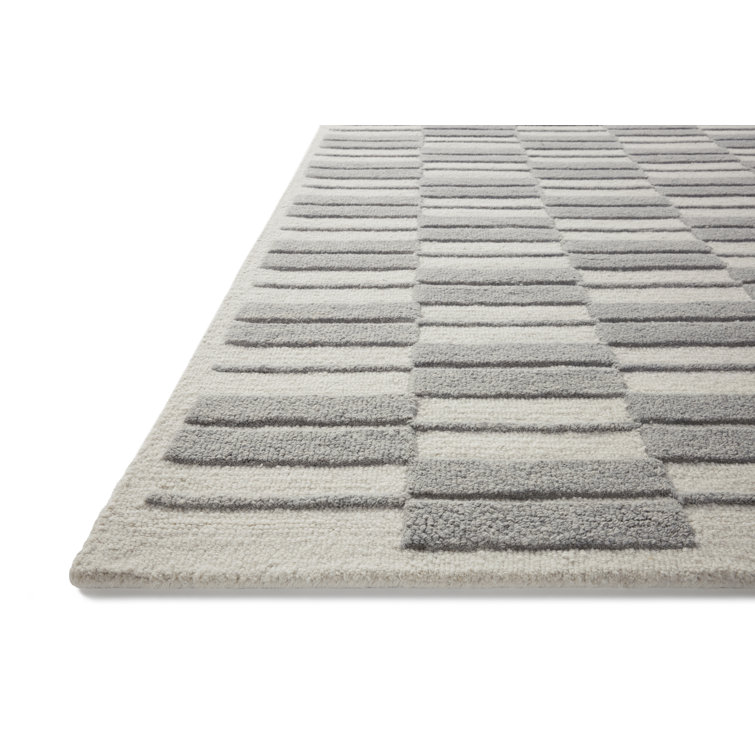 Ivory and Grey Hand-Tufted Wool Striped 5' x 7' Rug