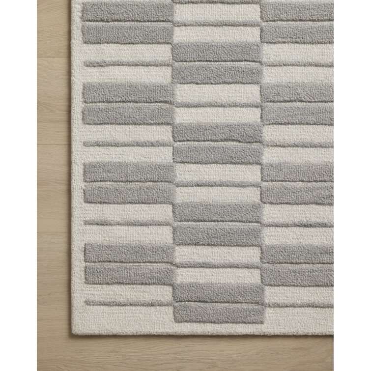Ivory and Grey Hand-Tufted Wool Striped 5' x 7' Rug